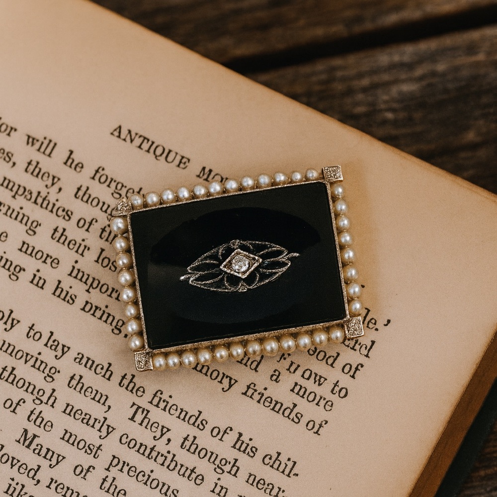 Edwardian 14K Gold Onyx, Seed Pearl, & Old European Cut Diamond Mourning Brooch